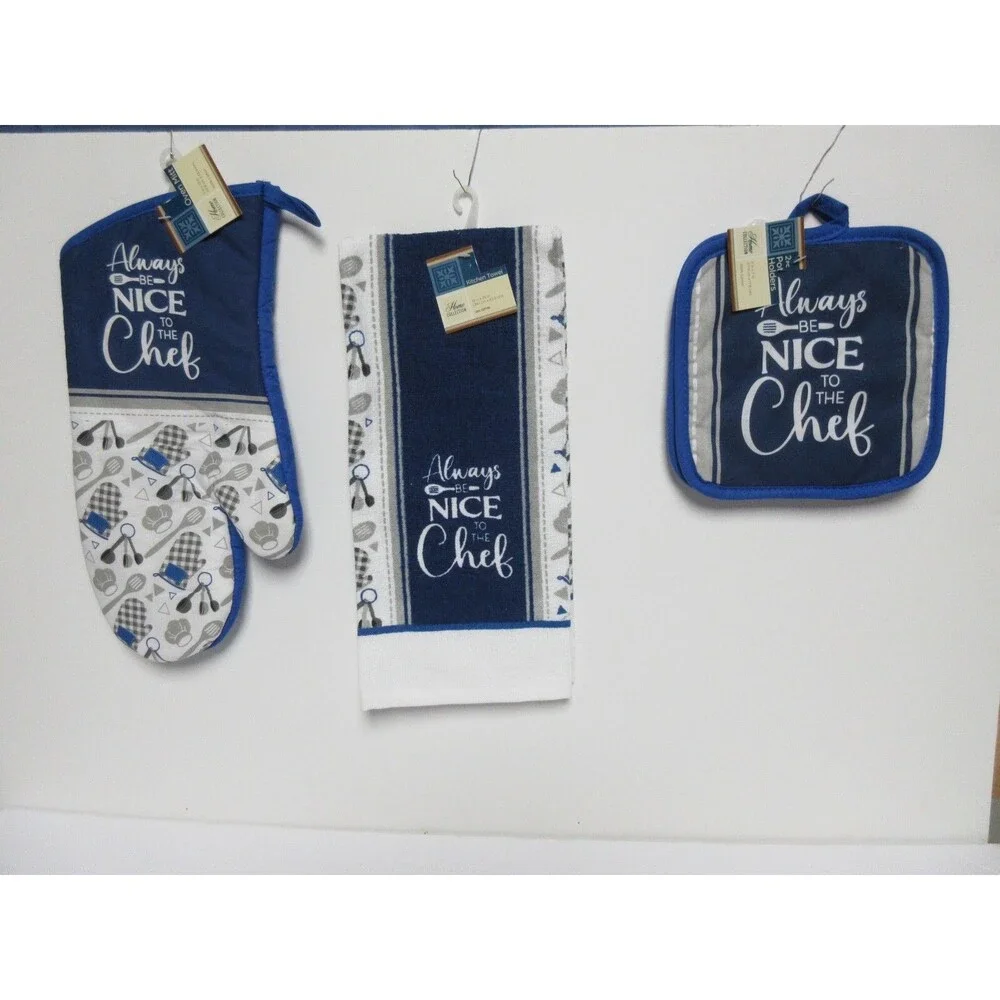 4Pc Set 1 Kitchen Towel & 2 Potholders&Oven Mitt “ALWAYS BE NICE TO THE CHEF